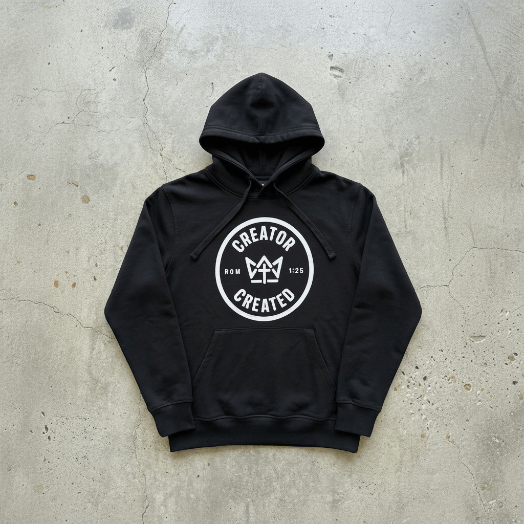 Black Foundation Hoodie with minimalist logo on concrete surface