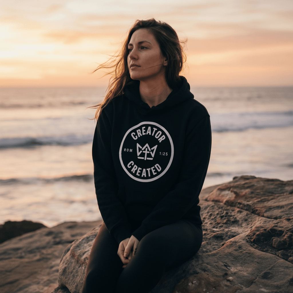 Black Foundation Hoodie with minimalist logo on concrete surface