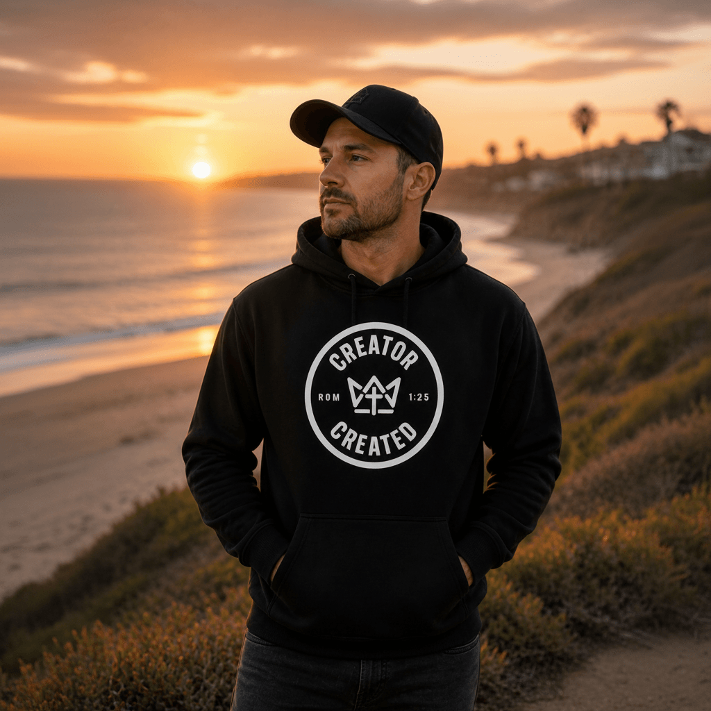 Black Foundation Hoodie with minimalist logo on concrete surface